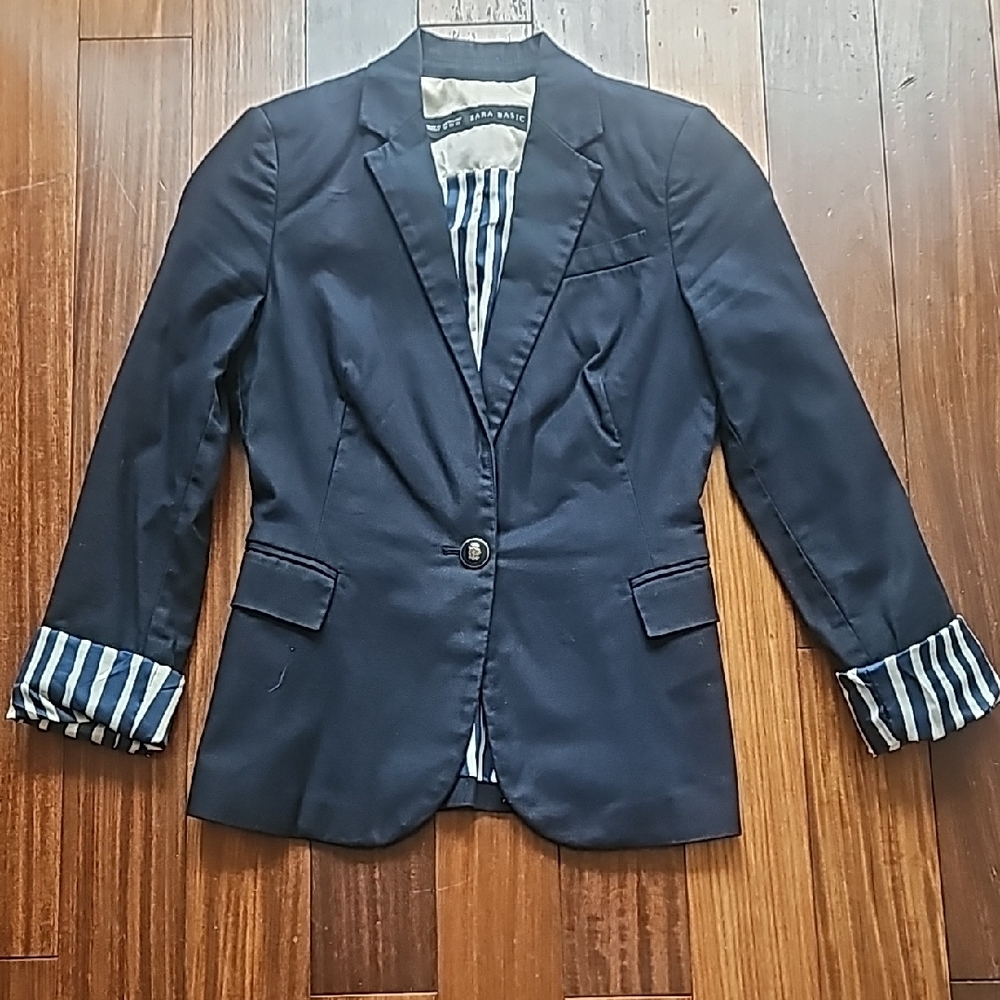 Zara Navy Blue Blazer with Striped Interior - Picture 1 of 10